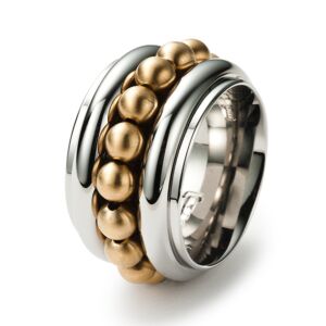 Gesamtansicht eines breiten, polierten Rings mit umlaufendem Perlenkranz aus echtem 750/18K Gold von MONOMANIA. > Breiter, polierter Ring mit umlaufendem Perlenkranz aus echtem Gelbgold von MONOMANIA.
