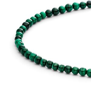 Detailansicht einer grünen Malachit Kette aus echten grünen Edelstein Perlen mit drei antiallergenen Edelstahlperlen. > Malachit Kette mit echten grünen Edelstein Perlen.