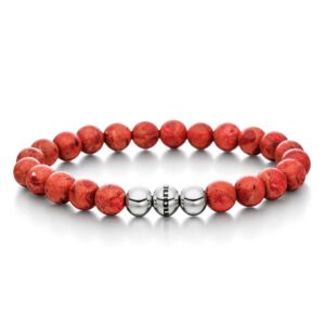 Gesamtansicht eines roten Perlenarmbandes mit großen Perlen aus rekonstruierter Koralle mit drei polierten, antiallergenen Edelstahlperlen. > Perlenarmband aus großen, roten Perlen aus rekonstruierter Koralle von MONOMANIA.